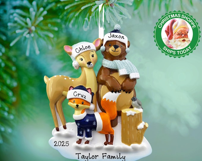 Woodland Family of 3 Christmas Ornament Personalized 2025 Forest Animals Personalized Ornament With Names Gift For Family - Deer Bear Fox