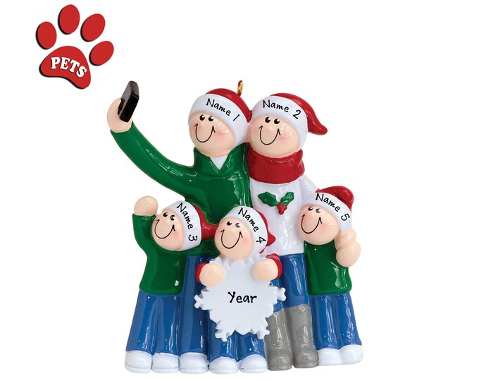 Selfie Ornament - Family of 5 Taking Selfie on Vacation - Family Christmas Ornament Personalized 2024, Gift for World Traveler's - Add a Pet