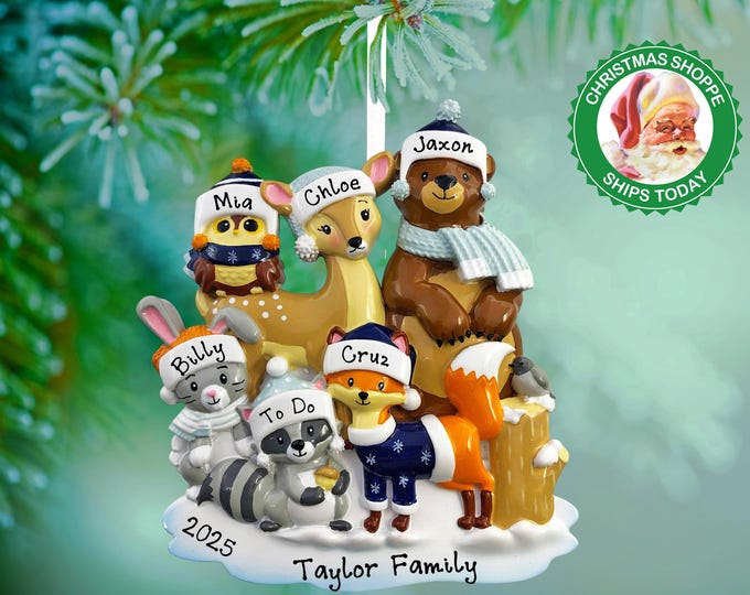 Woodland Family of 6 Christmas Ornament Personalized 2025 Forest Animals Personalized Ornament With Names Gift For Family - Deer Bear Fox