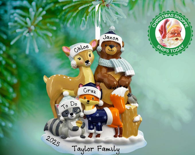 Woodland Family of 4 Christmas Ornament Personalized 2025 Forest Animals Personalized Ornament With Names Gift For Family - Deer Bear Fox
