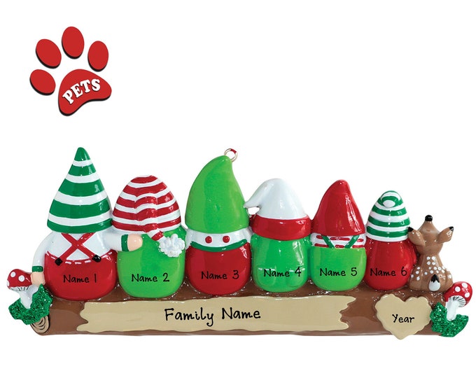 2025 Christmas Gnomes – Family of 6 Elves Ornament - Idle Gnomes Ornament - Personalized Family of 6 Christmas Ornament, Add a Dog, Cat, Pet