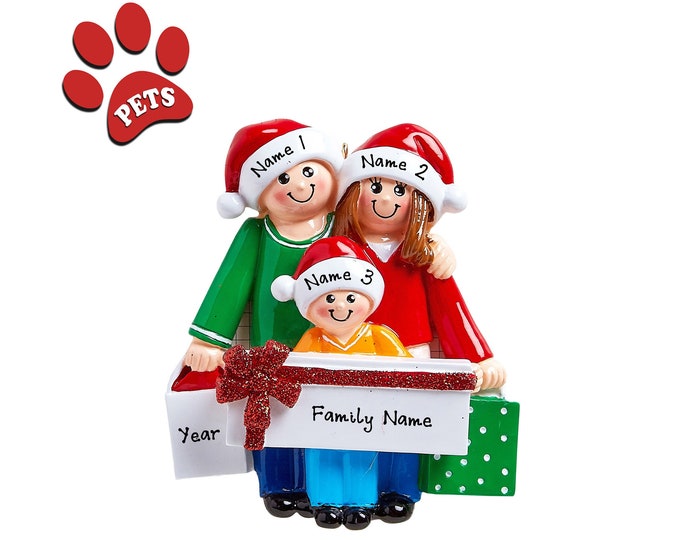 Giving Gifts Ornament - Giving Gifts Family of 3 Christmas Ornament - Personalized Christmas Ornament Family of 3 Giving Gifts