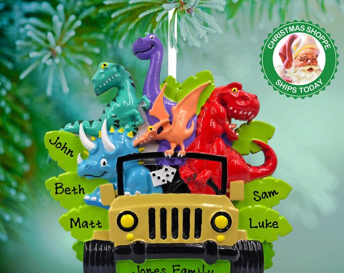 Dino Family Christmas Ornament - Family of 5 Dinosaurs on Road Trip - Kids Dino and T-Rex Ornament - Personalized Jurassic Family Ornament