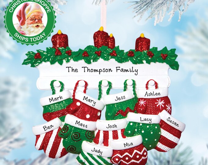 Grandparents Personalized Christmas Ornament - Family of 11 Grandkids Ornament - Christmas Mittens With Names, Unique Gift Ideas For Parents
