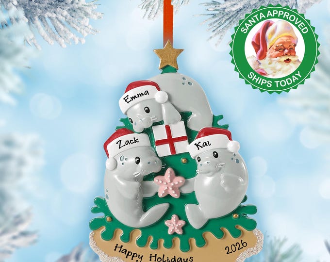 Personalized Manatee Family of 3 Ornament 2025 – Custom Christmas Ornament – Sea Cow Keepsake Gift
