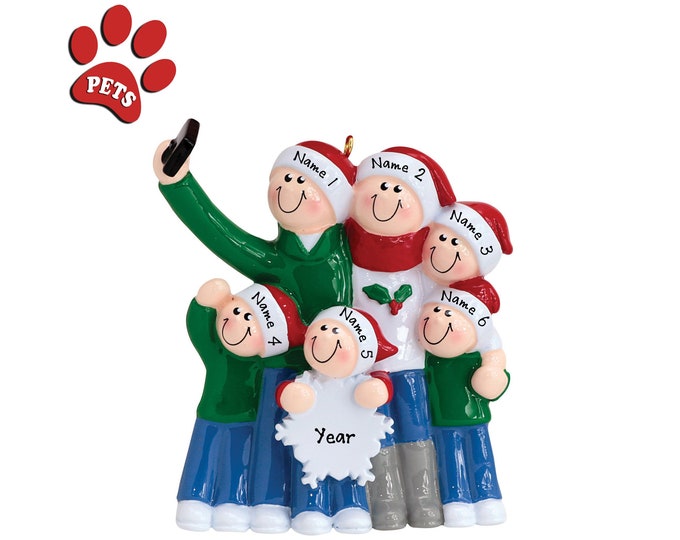 Selfie Ornament - Family of 6 Taking Selfie on Vacation - Family Christmas Ornament Personalized 2024, Gift for World Traveler's - Add a Pet