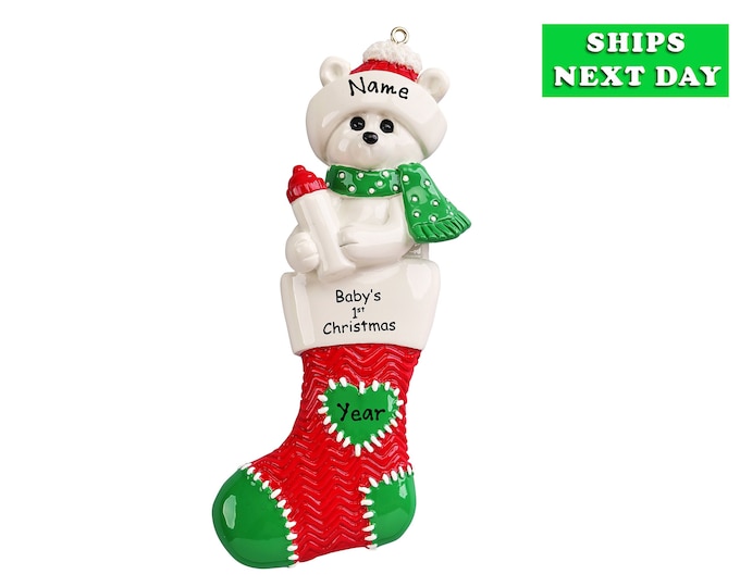 2025 Baby's First Christmas Ornament - Newborn Baby in Stocking - Baby Polar Bear Ornament - New Baby Ornament With Name Personalized