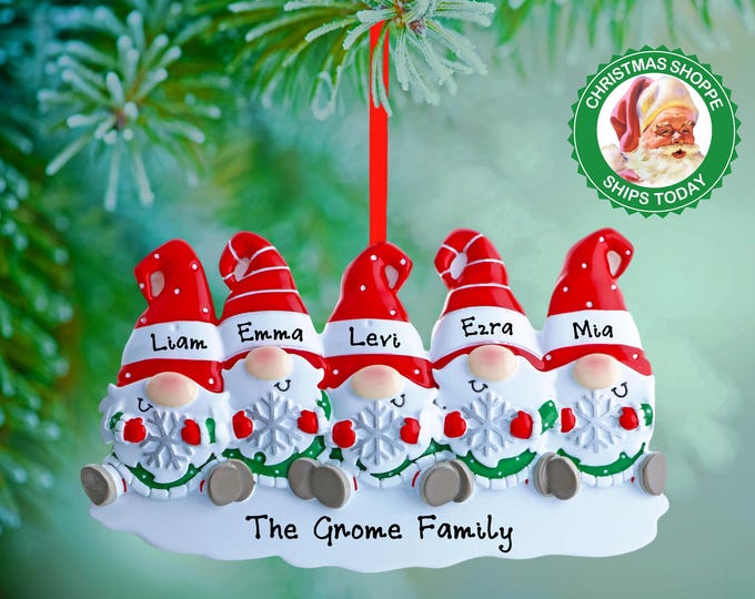 Christmas Gnomes Ornament - Family of 5 Christmas Elves Ornament - Family Christmas Ornament 2025 - Family Of 5 Gnomes Personalized Ornament