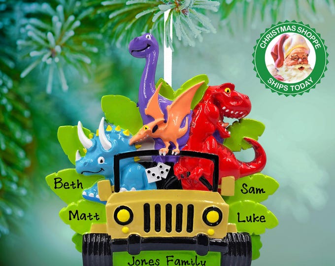 Dino Family Christmas Ornament - Family of 4 Dinosaurs on Road Trip - Kids Dino and T-Rex Ornament - Personalized Jurassic Family Ornament