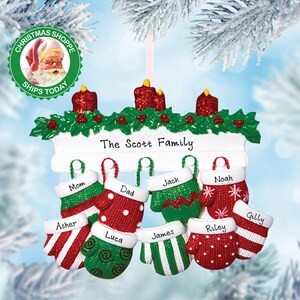 Grandparents Personalized Christmas Ornament - Family of 9 Grandkids Ornament - Christmas Mittens With Names, Unique Gift Ideas For Parents