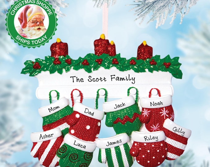 Grandparents Personalized Christmas Ornament - Family of 9 Grandkids Ornament - Christmas Mittens With Names, Unique Gift Ideas For Parents