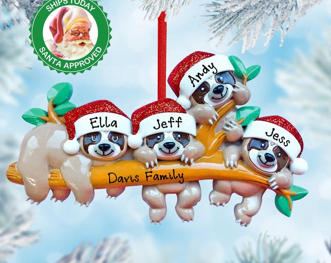 Sloth Family of 4 Ornament, 2025 Family of 4 Ornament, Family Christmas Ornament, Personalized Sloth Ornament With Name, Our Four Grandkids