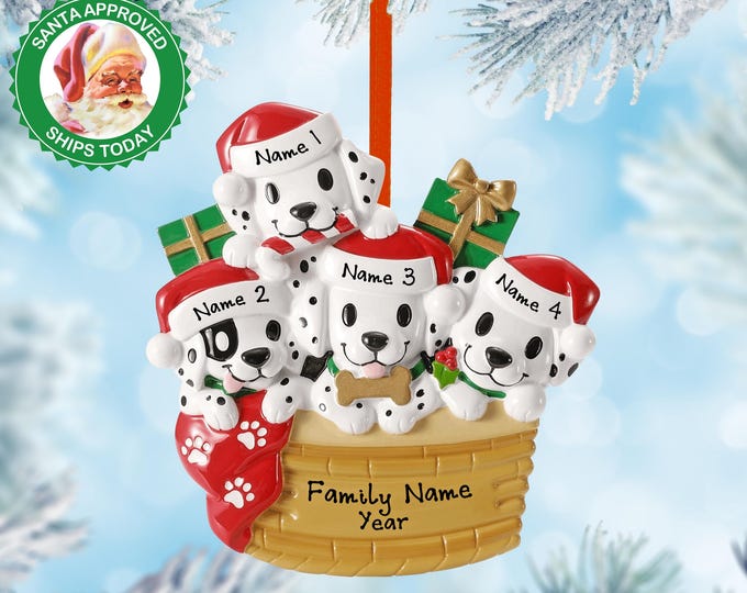 Personalized Family of 4 Ornament – Dalmatian Puppy Christmas Ornament with 4 Names – Pet Keepsake Gift