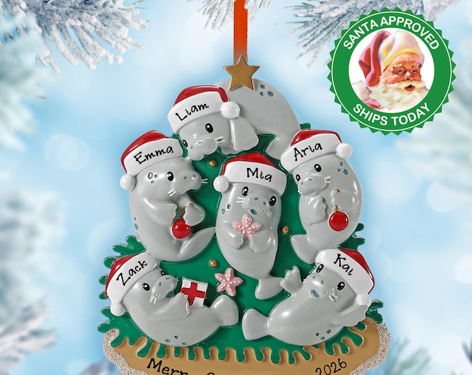 Personalized Manatee Family of 6 Ornament 2025 – Custom Christmas Ornament – Sea Cow Keepsake Gift