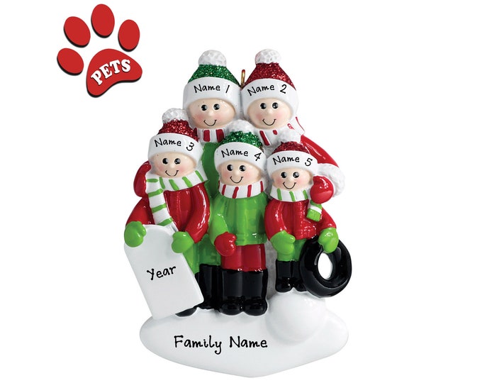 Snow Sled Christmas Ornament - Family Christmas Ornament - Family of 5 Personalized Christmas Ornament - Family Playing In Snow - Add A Pet