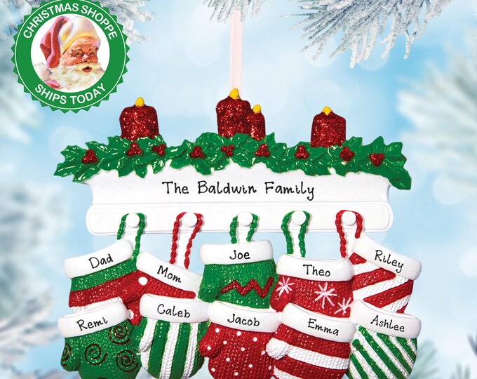 Grandparents Personalized Christmas Ornament - Family of 10 Grandkids Ornament - Christmas Mittens With Names, Unique Gift Ideas For Parents