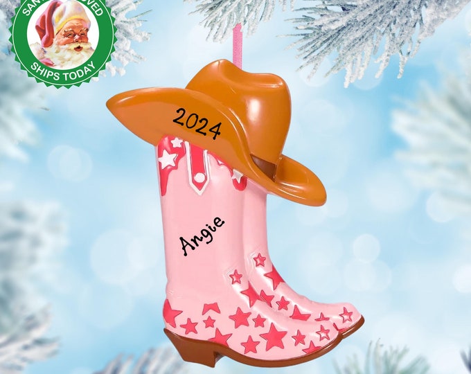 Personalized Cowgirl Christmas Ornament - Pink Cowgirl Boots - Cowboy Hat For Girls - Custom Equestrian Gifts, Handwritten Name Ornament