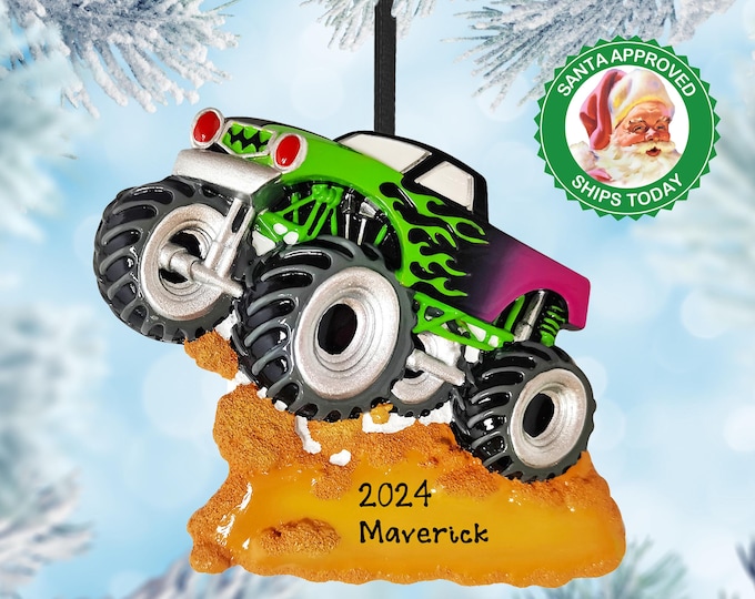 Personalized Grave Digger Truck Ornament for Kids - Monster Truck Christmas Ornament for Boys - Customized Pickup Truck Name Ornament Gift