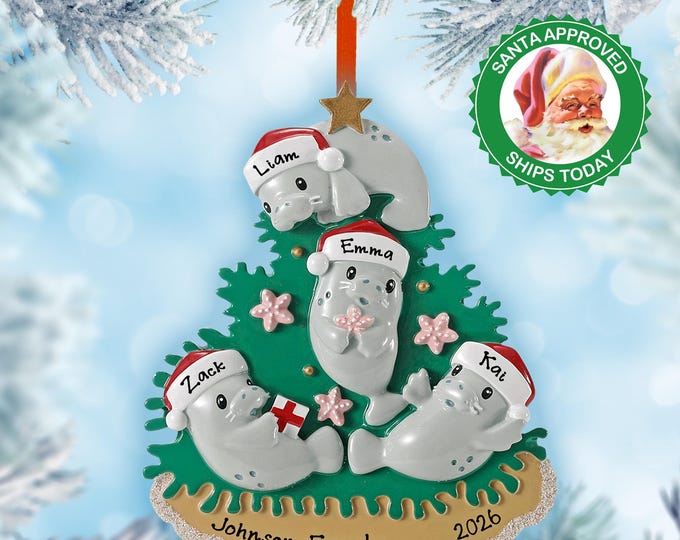 Personalized Manatee Family of 4 Ornament 2025 – Custom Christmas Ornament – Sea Cow Keepsake Gift