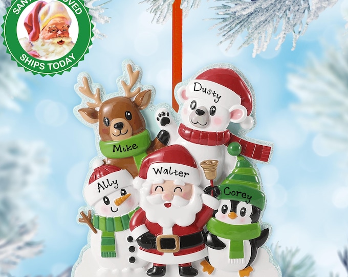 Personalized Family Christmas Ornament 2025 – Family of 5 Santa, Snowman, Penguin, Elf & Reindeer – Custom Holiday Decoration with Names