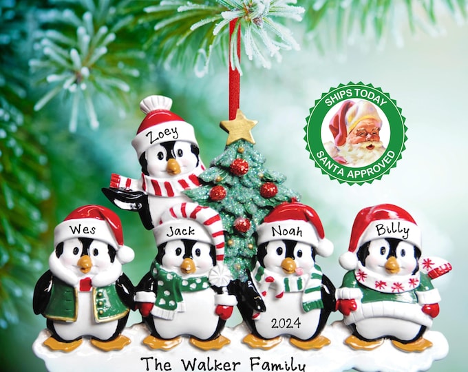 Penguin Ornament - Personalized Family of 5 Christmas Ornament - Family of Five Penguins Decorating Tree - Custom Gift For Grandparents