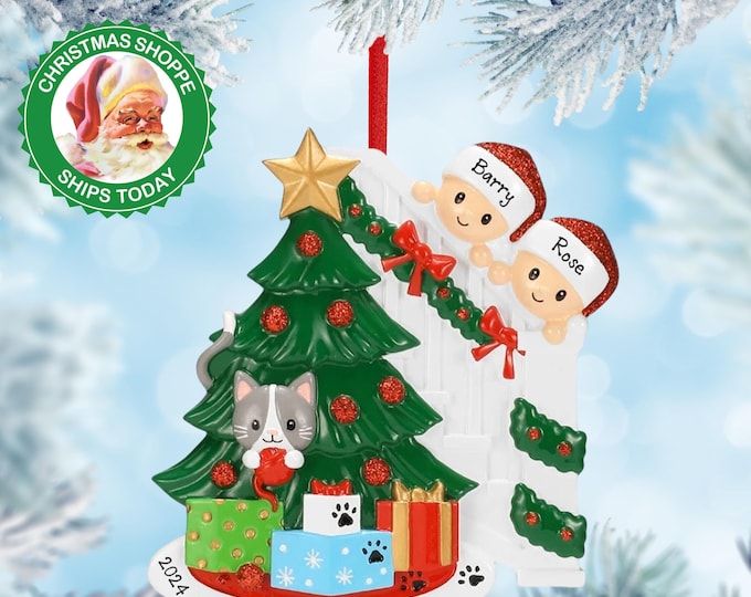Personalized Couples Christmas Ornament - Couple and Cat Ornament - Couples Christmas Ornament - Family of 2 With Cat in Christmas Tree Gift
