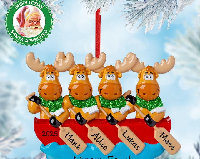 Moose Family of 4 on Canoe Trip Personalized Christmas Ornament - Canoe Ornament - Water Rafting Adventure - Personalized Family Ornament