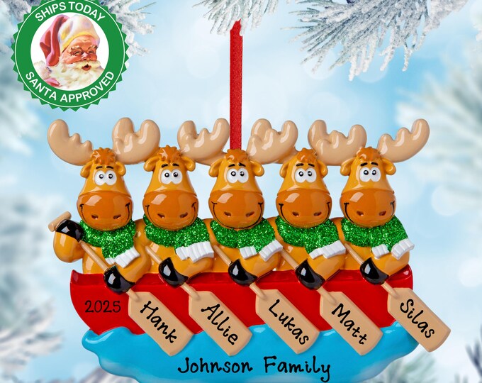 Moose Family of 5 on Canoe Trip Personalized Christmas Ornament - Canoe Ornament - Water Rafting Adventure - Personalized Family Ornament