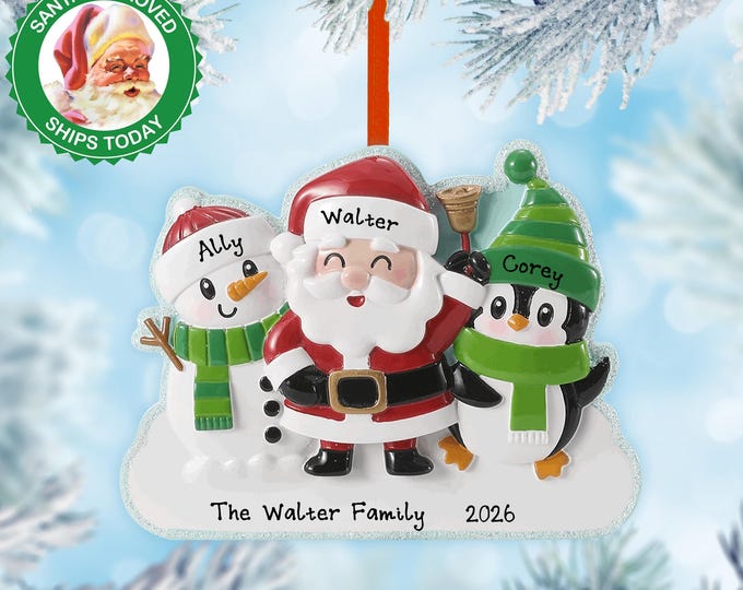 Personalized Family Christmas Ornament 2025 – Family of 3 Santa, Snowman & Penguin – Custom Holiday Decoration with Names