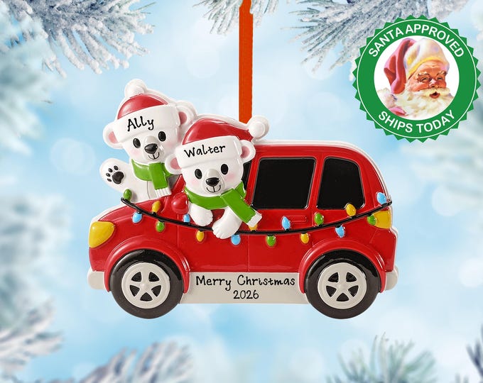 Personalized Polar Bear Couple Ornament – Custom Red Truck Christmas Ornament with Lights – Holiday Gift