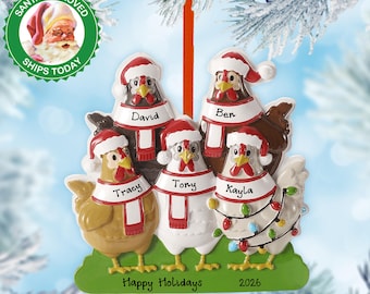 May include: A Christmas ornament featuring five chicken figures wearing Santa hats and scarves. Each chicken has a name: David, Ben, Tony, Kayla, and Tracy. The ornament has a green base with "Happy Holidays 2026" printed on it.