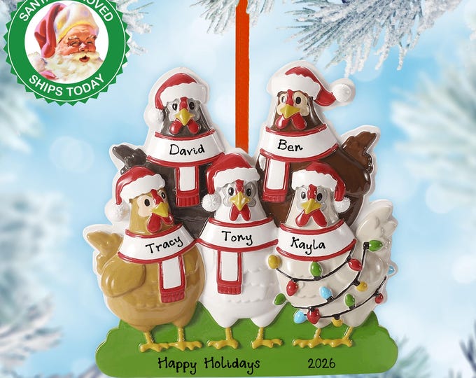 Personalized Chicken Family Christmas Ornament – Custom Family of 5 Ornament, Farmhouse Chicken Ornament, Homestead Gift