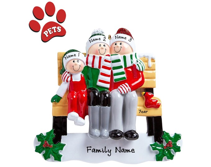 Park Bench Couple - Family of 3 Sitting on Park Bench - Family Christmas Ornament - Family Ornament With Names - Personalized Family Gift