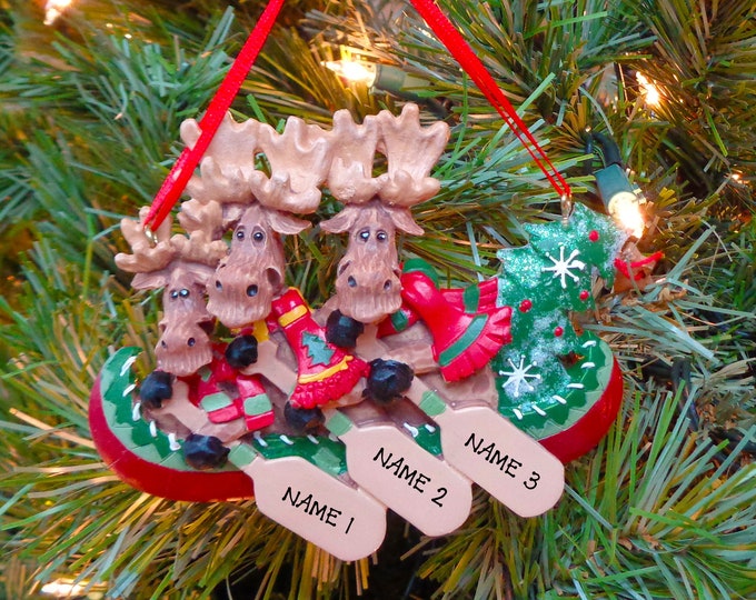 Canoe Ornament - Family of 3 Personalized Ornament - 3 Moose In Canoe Family Christmas Ornament - Custom Family Christmas Ornament With Name