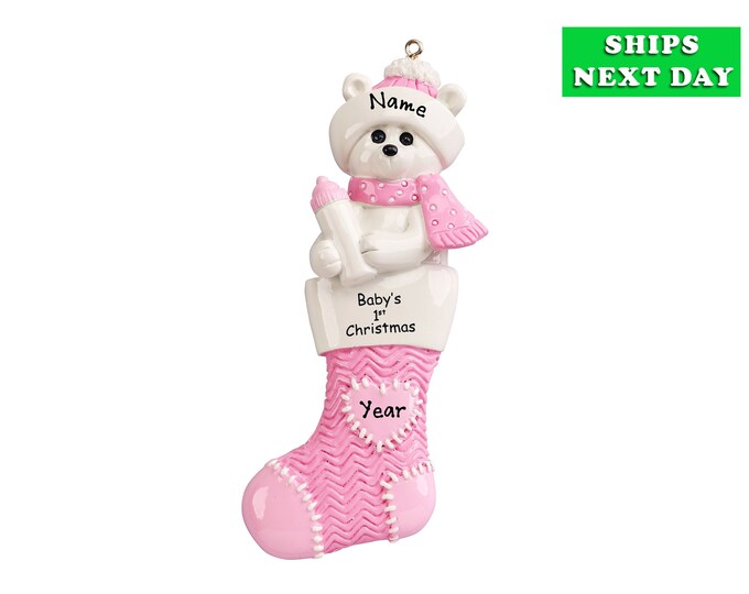 2025 Baby's First Christmas Ornament - Baby Girl Pink Stocking - Baby Polar Bear Ornament - New Baby Ornament With Name Personalized Gift