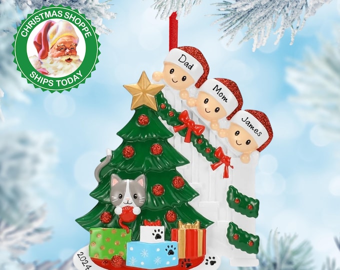 Personalized Family Ornament 2025 - Family of 3 With Cat Christmas Ornament - Family Christmas Ornament - Custom Family Ornament With Cat