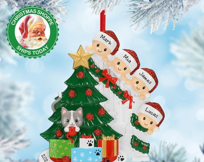 Personalized Family Ornament 2025 - Family of 4 With Cat Christmas Ornament - Family Christmas Ornament - Custom Family Ornament With Cat