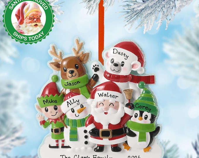 Personalized Family Christmas Ornament 2025 – Family of 6 Santa, Snowman, Penguin, Elf, Reindeer & Polar Bear – Custom Holiday Decoration