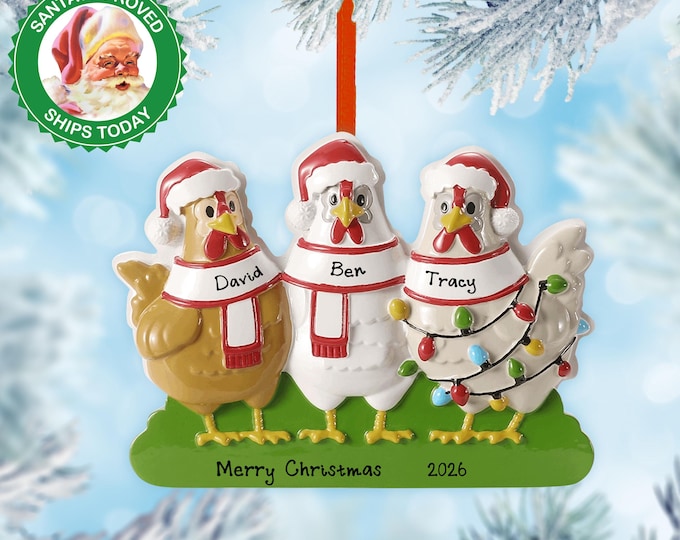 Personalized Chicken Family Christmas Ornament - Custom Family of 3 Ornament, Farmhouse Chicken Ornament. Homestead Gift