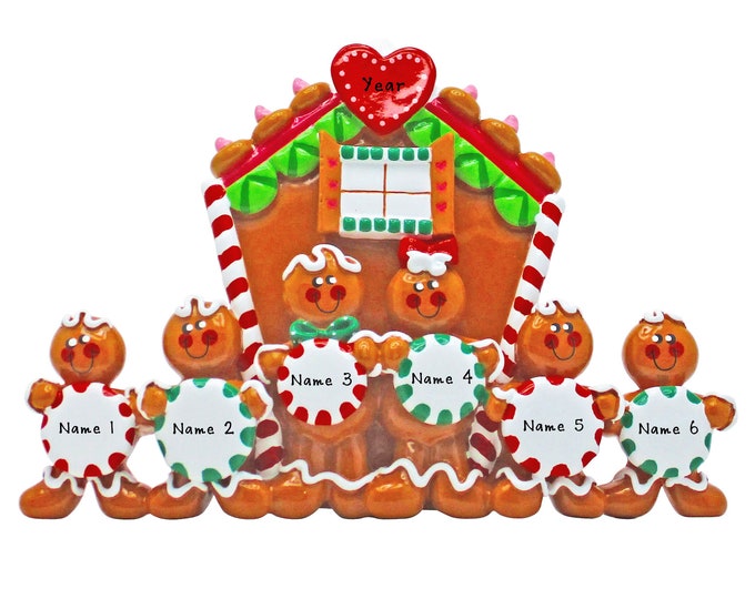 Gingerbread Family Christmas Ornament - Family of 6 Personalized Christmas Ornament - Table Top Decoration - Custom Gift For Grandparents
