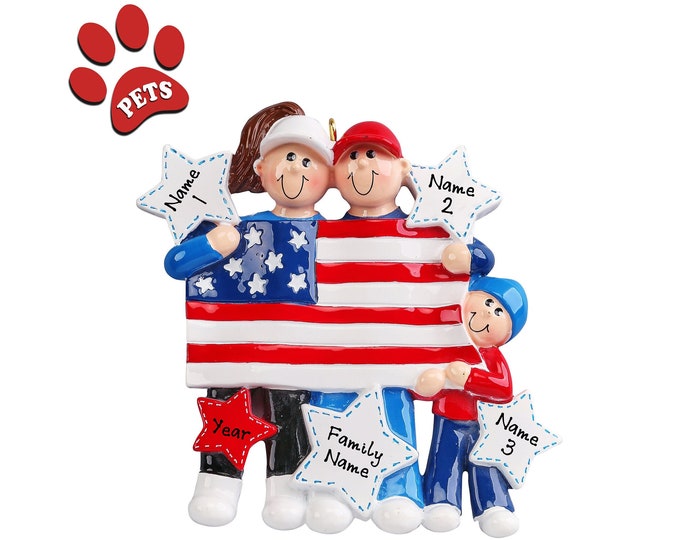 Patriotic Ornament - Military Family of 3 Ornament Holding American Flag - Personalized Family of 3 Christmas Ornament - Add A Dog, Pet