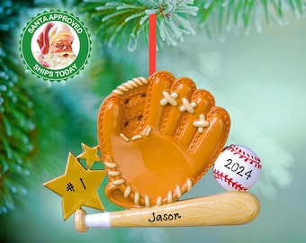 Personalized Baseball Ornament For Kids - Boys Custom Baseball Glove and Bat Christmas Ornament - Tee Ball Sports Ornament with Girls Name
