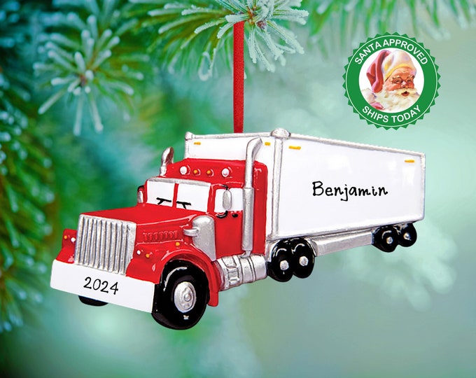 Personalized Semi Truck Ornament - Custom Red Truck Christmas Ornament For Big Rig Trucker - Truck Driver Christmas Gifts -  Kids Ornament