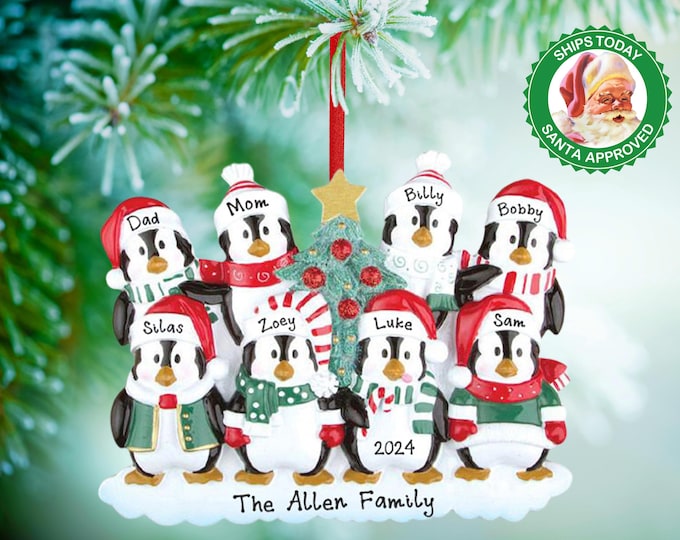 Penguin Ornament - Personalized Family of 8 Christmas Ornament - Family of Eight Penguins Decorating Tree - Custom Gift For Grandparents