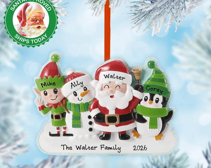 Personalized Family Christmas Ornament 2025 – Family of 4 Santa, Snowman, Penguin & Elf – Custom Holiday Decoration with Names