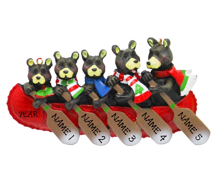 Black Bears In Canoe Ornament Personalized Family of 5 Bears Paddling Canoe Ornament River Adventure, Grandparents Gift With Grandkids Names