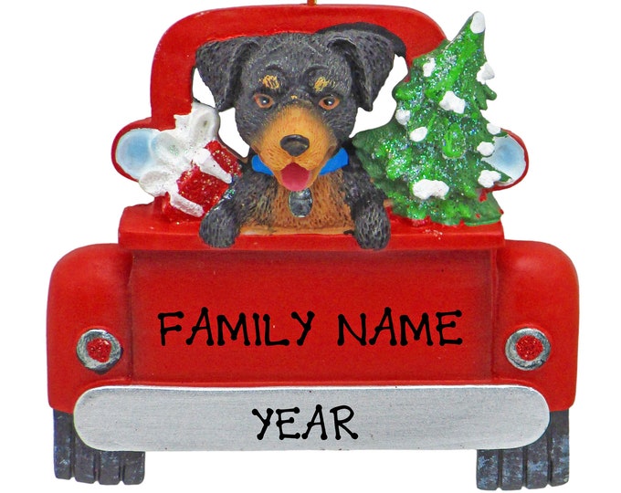 Rottweiler Dog Christmas Ornament - Rottweiler Puppy Dog In Red Pick Up Truck Ornament - Pet Lover - Personalized Christmas Dog Ornament