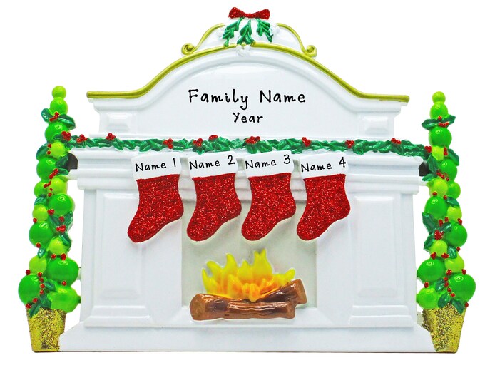 Family of 4 Christmas Stockings on Fireplace Mantle – Table Decoration – Grandkids Custom Christmas Ornament - Personalized Grandparent Gift