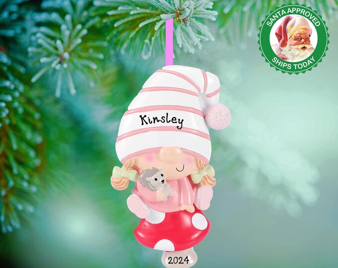 Personalized Baby's 1st Christmas - Baby Girls First Christmas Ornament - Pink Baby Girl Gnome - Baby Shower Gift - New Baby Announcement