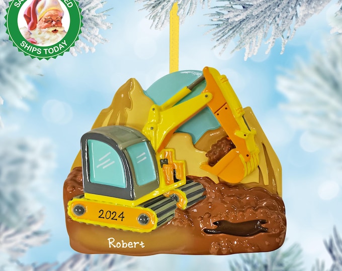 Personalized Ornaments for Kids - Excavator Ornament with Boys Name - Backhoe Construction Ornament For Grandkids - Custom Gift For Toddlers